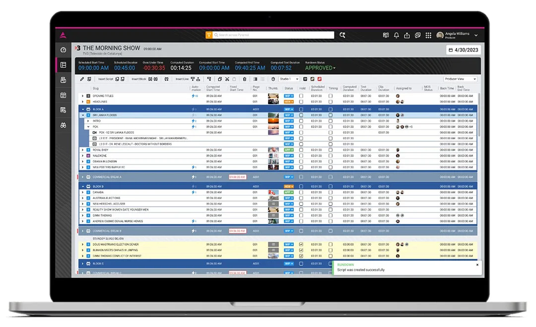 Dalet Pyramid newsroom rundown interface shown on the official product page