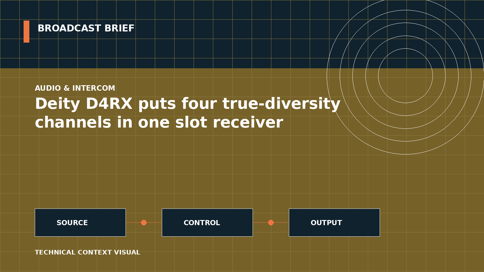 Technical signal-flow illustration for Deity D4RX puts four true-diversity channels in one slot receiver