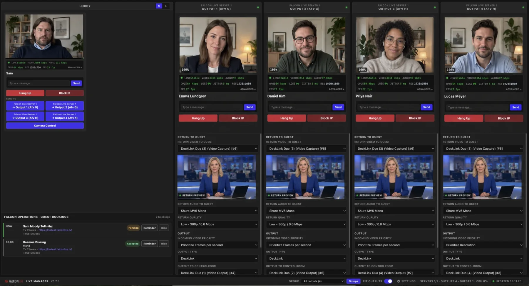 Falcon Live Manager with four remote guests routed to four outputs and a shared studio return feed