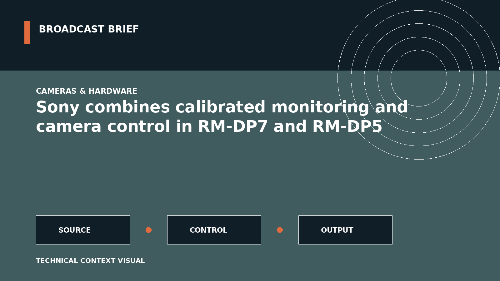 Technical signal-flow illustration for Sony combines calibrated monitoring and camera control in RM-DP7 and RM-DP5